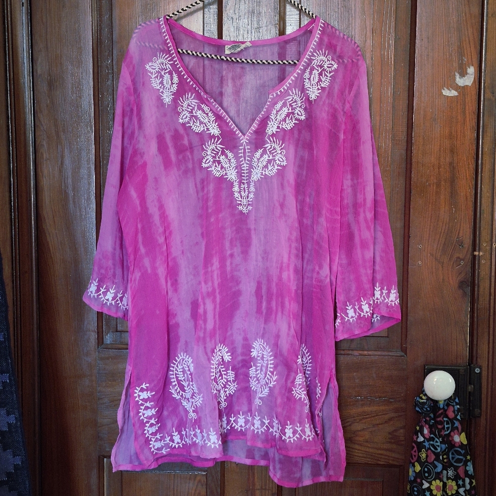 Beaches & Boho Beaches & Boho Pink Sheer M Tie-Dye Embroidered Tunic Top Boho